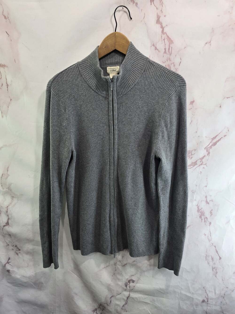 LL Bean Cardigan Womens Large Gray Sweater Pima Cotton Full Zip Lightweight Mock